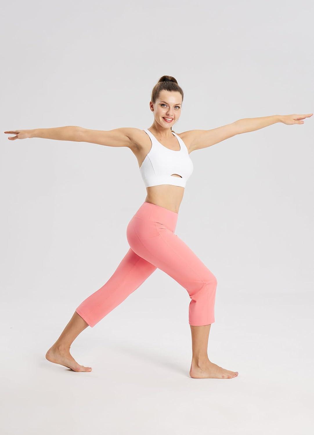 imagebaleaf Womens Yoga Capri Pants High Waist Capri Leggings with Pockets Wide Leg Crop Exercise Workout Summer PantsHot Pink