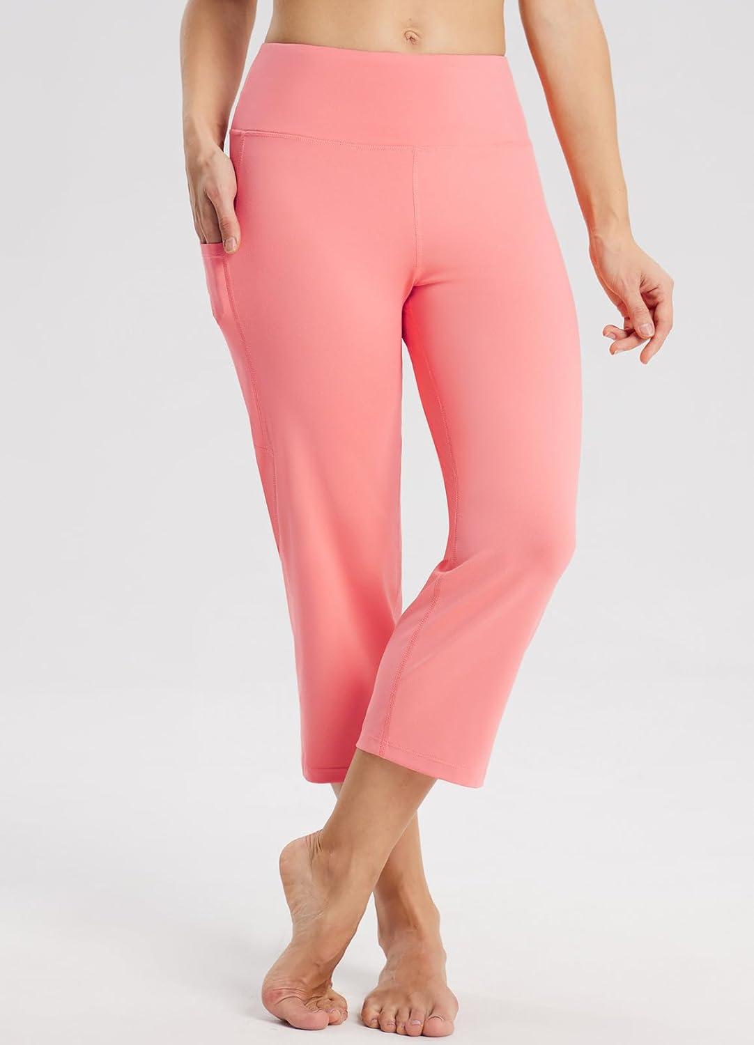 imagebaleaf Womens Yoga Capri Pants High Waist Capri Leggings with Pockets Wide Leg Crop Exercise Workout Summer PantsHot Pink