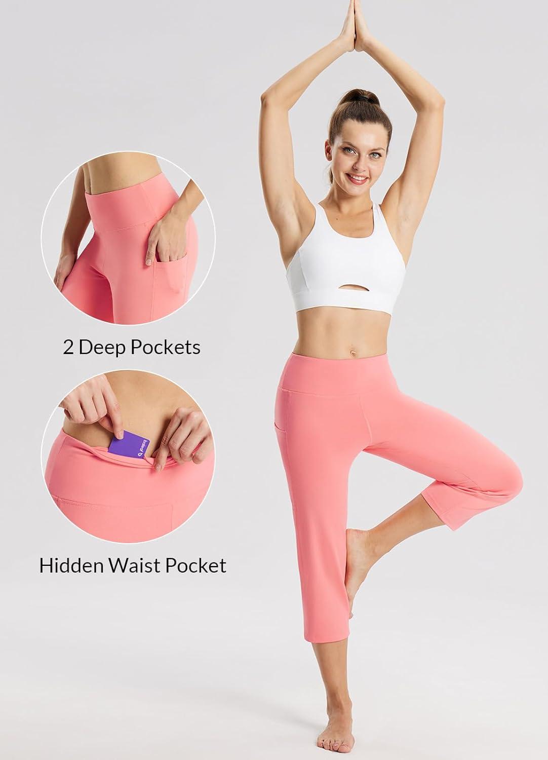 imagebaleaf Womens Yoga Capri Pants High Waist Capri Leggings with Pockets Wide Leg Crop Exercise Workout Summer PantsHot Pink
