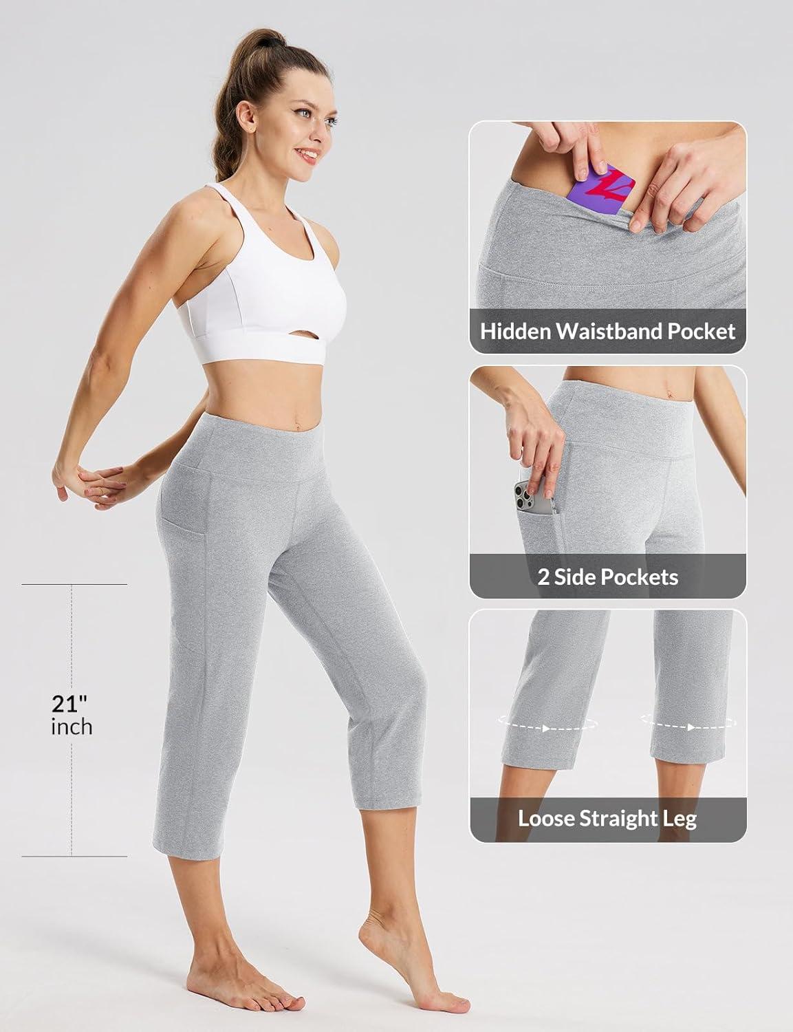 imagebaleaf Womens Yoga Capri Pants High Waist Capri Leggings with Pockets Wide Leg Crop Exercise Workout Summer PantsLight Gray