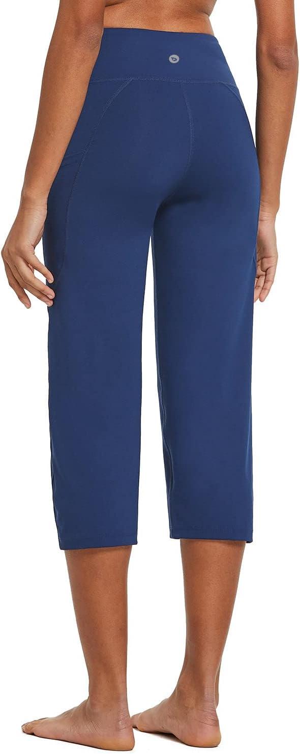 imagebaleaf Womens Yoga Capri Pants High Waist Capri Leggings with Pockets Wide Leg Crop Exercise Workout Summer PantsNavy