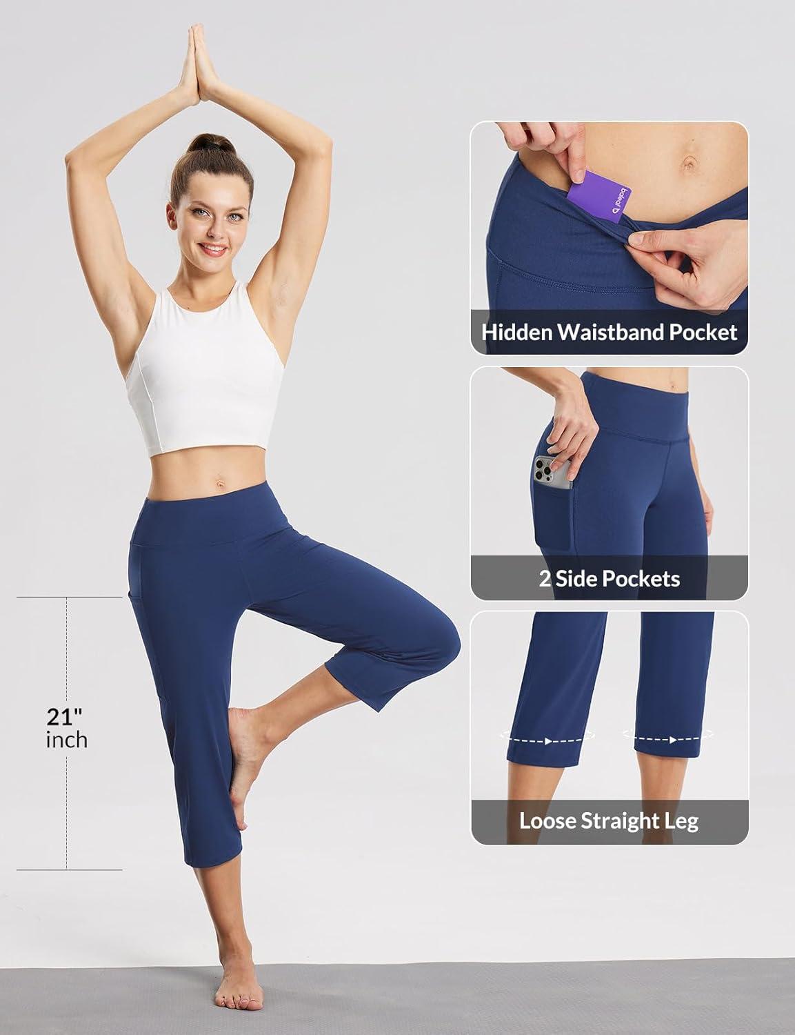 imagebaleaf Womens Yoga Capri Pants High Waist Capri Leggings with Pockets Wide Leg Crop Exercise Workout Summer PantsNavy