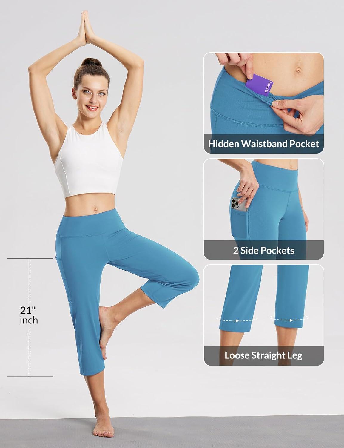 imagebaleaf Womens Yoga Capri Pants High Waist Capri Leggings with Pockets Wide Leg Crop Exercise Workout Summer PantsNiagara