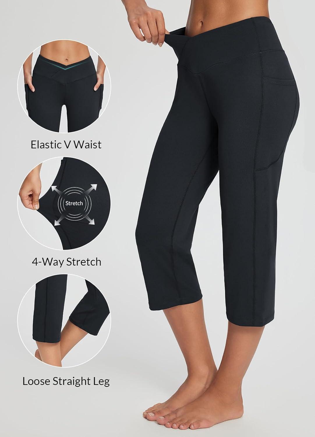 imagebaleaf Womens Yoga Capri Pants High Waist Capri Leggings with Pockets Wide Leg Crop Exercise Workout Summer PantsV Waistblack