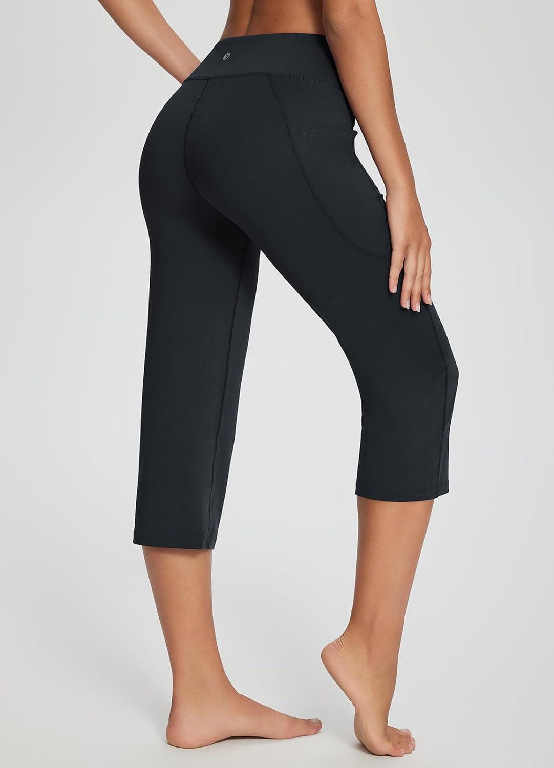 imagebaleaf Womens Yoga Capri Pants High Waist Capri Leggings with Pockets Wide Leg Crop Exercise Workout Summer PantsV Waistblack