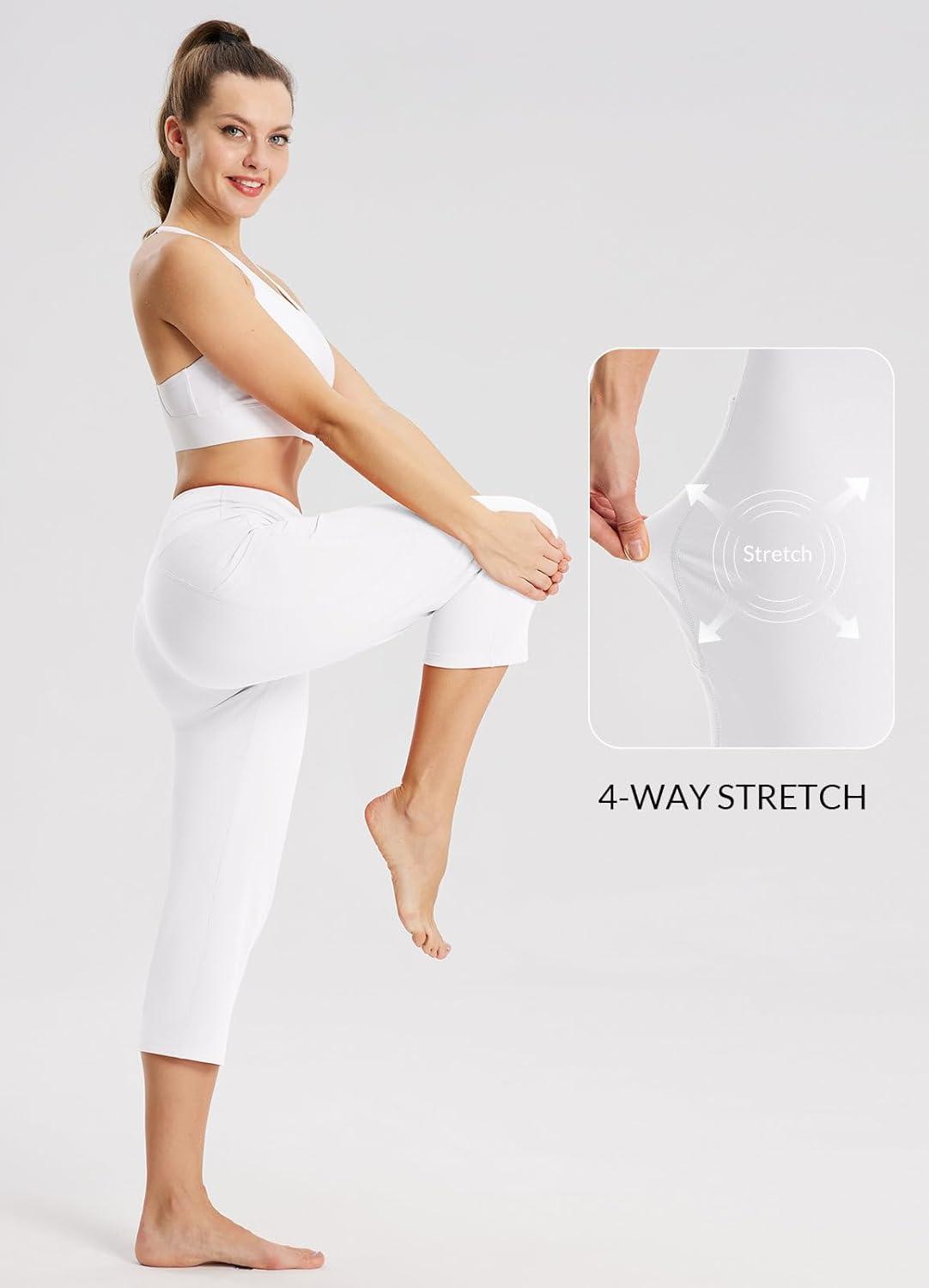 imagebaleaf Womens Yoga Capri Pants High Waist Capri Leggings with Pockets Wide Leg Crop Exercise Workout Summer PantsWhite