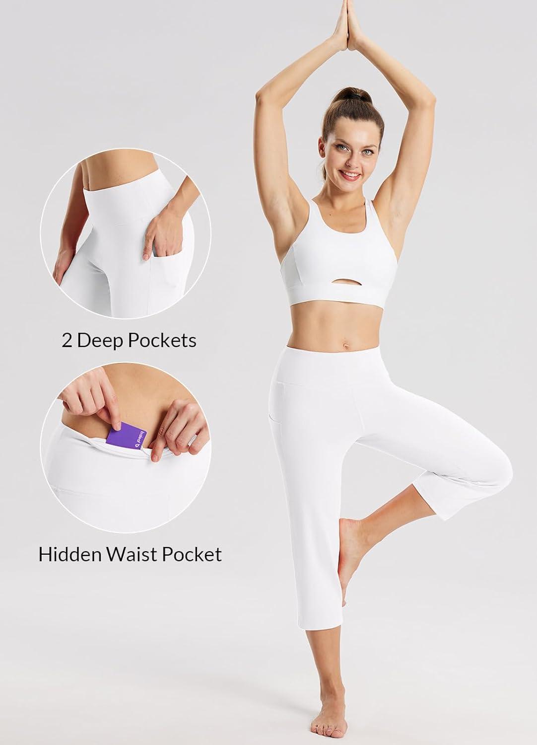 imagebaleaf Womens Yoga Capri Pants High Waist Capri Leggings with Pockets Wide Leg Crop Exercise Workout Summer PantsWhite
