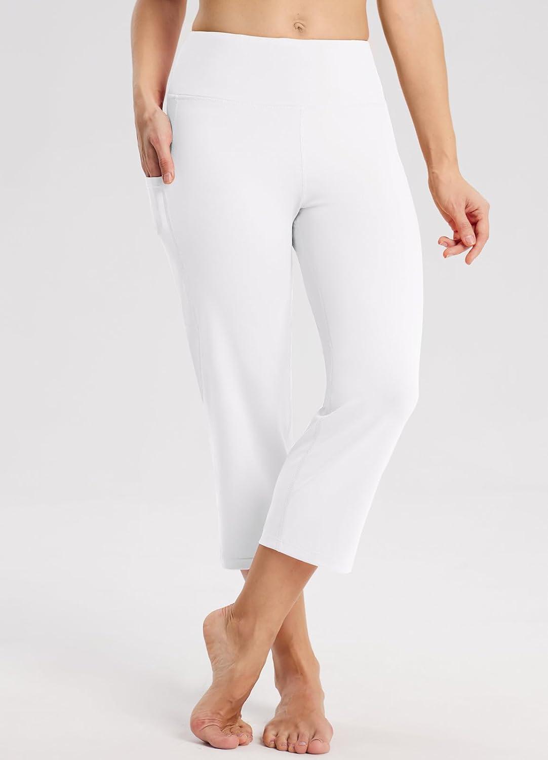 imagebaleaf Womens Yoga Capri Pants High Waist Capri Leggings with Pockets Wide Leg Crop Exercise Workout Summer PantsWhite