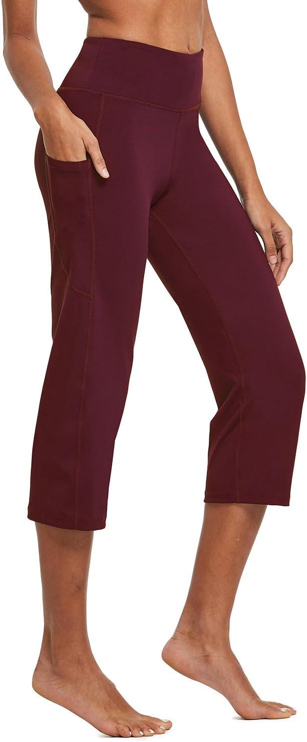 imagebaleaf Womens Yoga Capri Pants High Waist Capri Leggings with Pockets Wide Leg Crop Exercise Workout Summer PantsWine Red