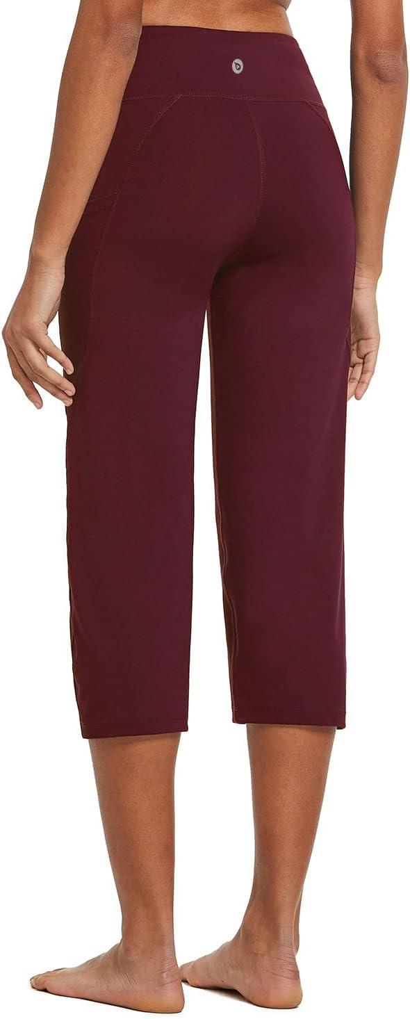 imagebaleaf Womens Yoga Capri Pants High Waist Capri Leggings with Pockets Wide Leg Crop Exercise Workout Summer PantsWine Red