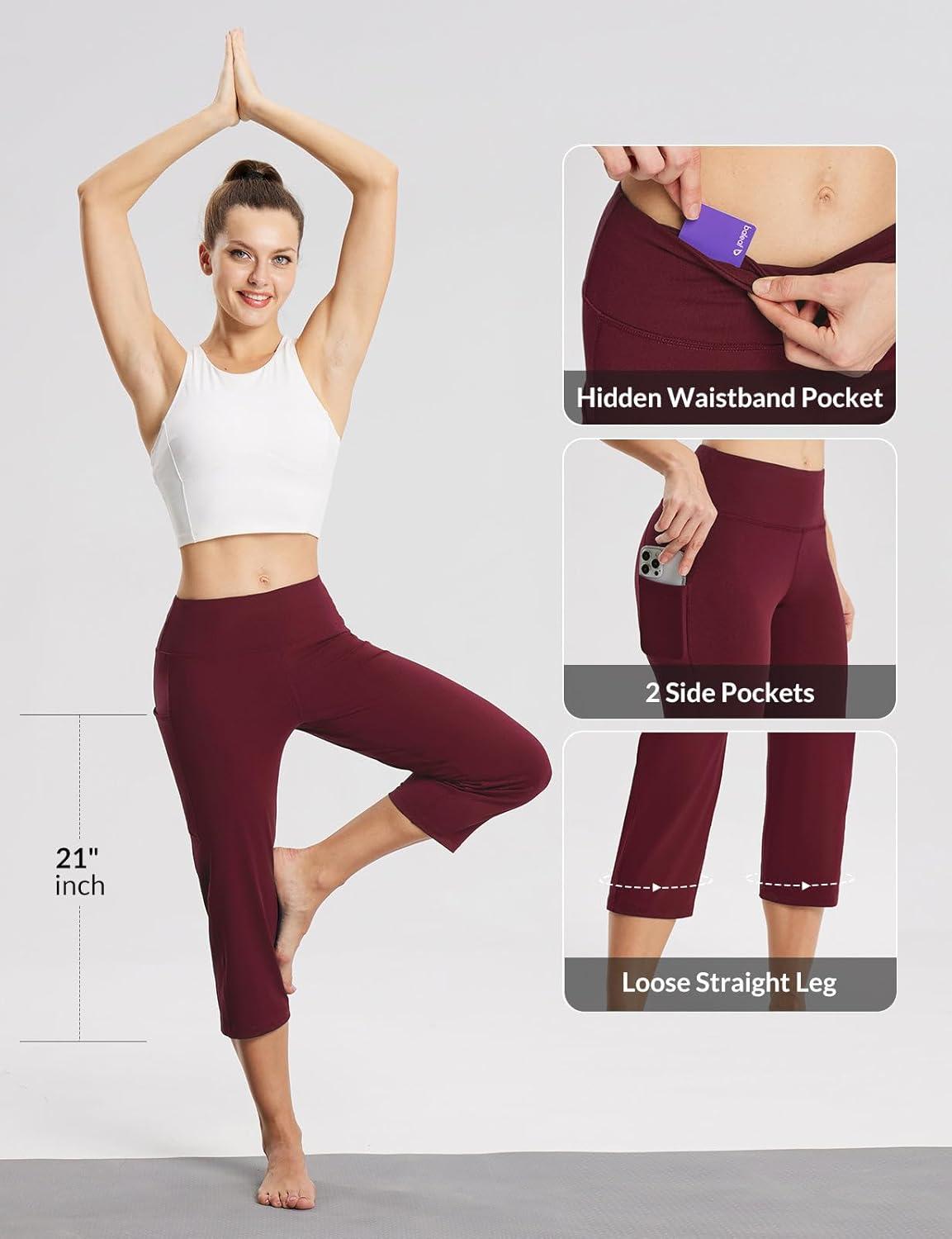 imagebaleaf Womens Yoga Capri Pants High Waist Capri Leggings with Pockets Wide Leg Crop Exercise Workout Summer PantsWine Red