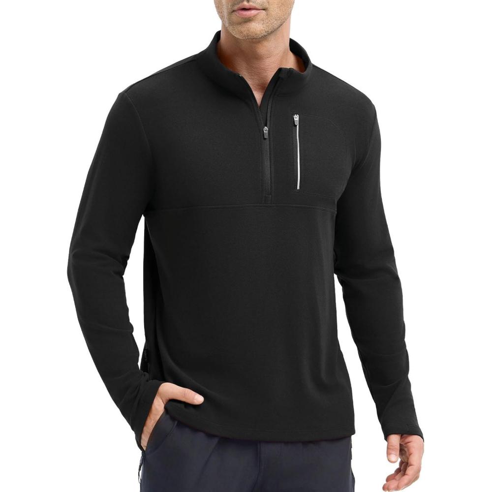 imagebaleaf Mens Long Sleeve Fleece Quarter Zip Pullover Sweatshirt with Zipper Pocket Reflective Strip Running Golf CausalBlack