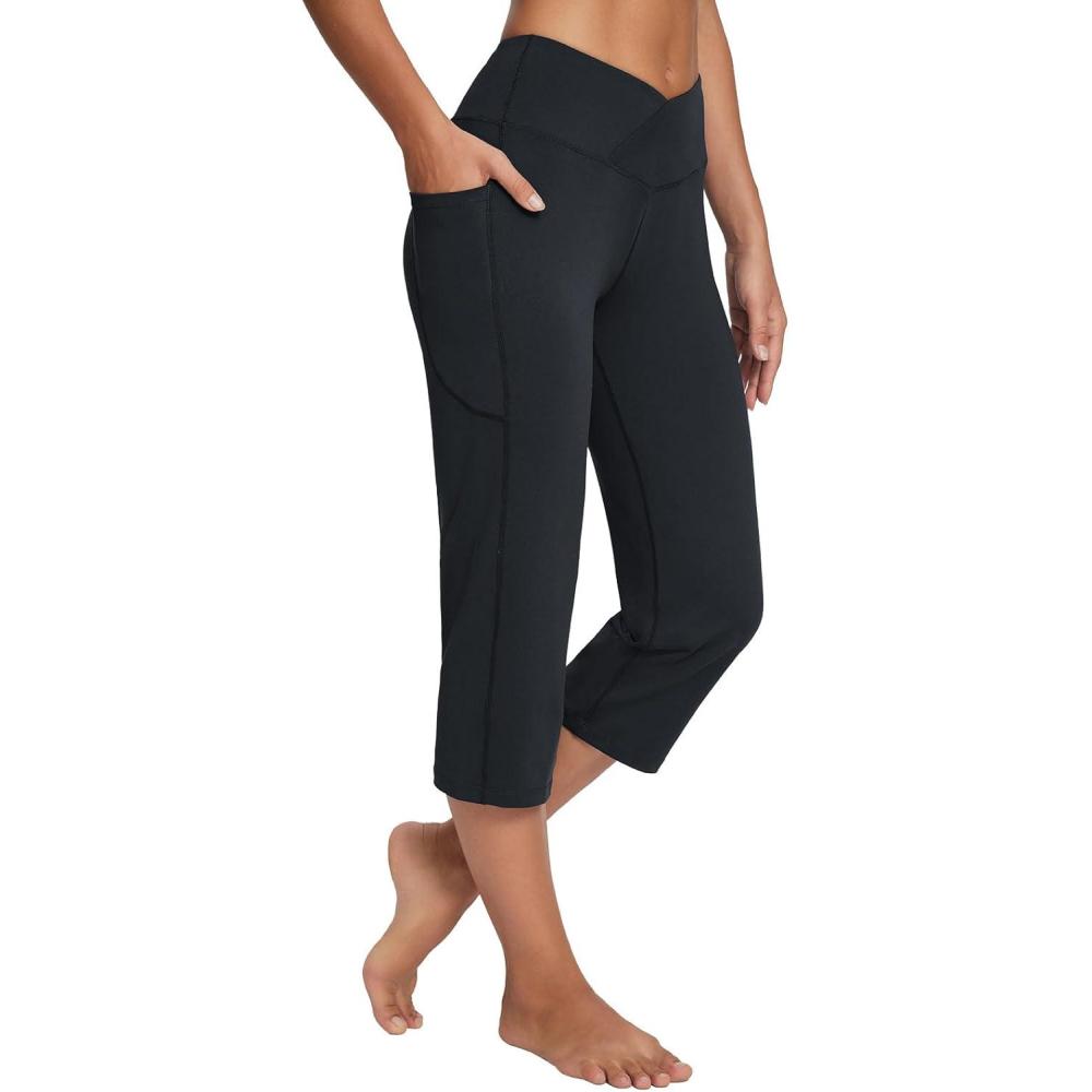 imagebaleaf Womens Yoga Capri Pants High Waist Capri Leggings with Pockets Wide Leg Crop Exercise Workout Summer PantsV Waistblack