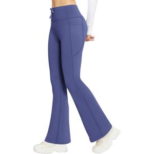 imageBALEAF Womens Fleece Lined Pants Winter Thermal Warm Hiking Yoga Pants with Zipper Pockets Bootcut High Waist Flare LeggingsNavy Blue