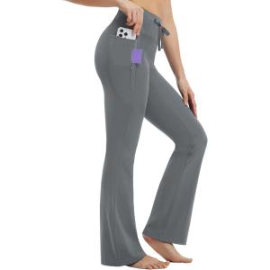 imagebaleaf Womens Flare Leggings with Zipper Pockets Drawstring Flared Yoga Pants Bell Bottom Leggings Tummy ControlDark Grey