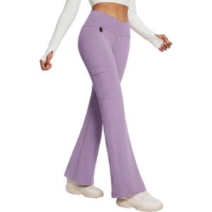 imagebaleaf Womens Fleece Lined Pants Winter Thermal Water Resistant Crossover Flare Leggings Warm Bootcut Hiking OutdoorGrape