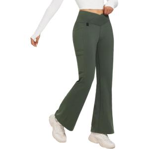 imagebaleaf Womens Fleece Lined Pants Winter Thermal Water Resistant Crossover Flare Leggings Warm Bootcut Hiking OutdoorGreen