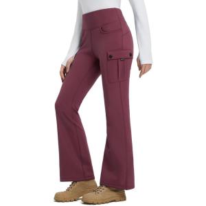 imagebaleaf Womens Thick Fleece Lined Pants Flare Leg Winter Snow Water Resistant Cargo Pockets High Waisted WarmWine Red