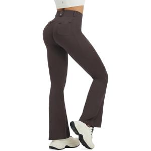 imagebaleaf Womens Yoga Pants with 4 Cargo Pockets Scrunch Workout Flare Leggings High Waist Casual Gym Bell BottomDark Brown