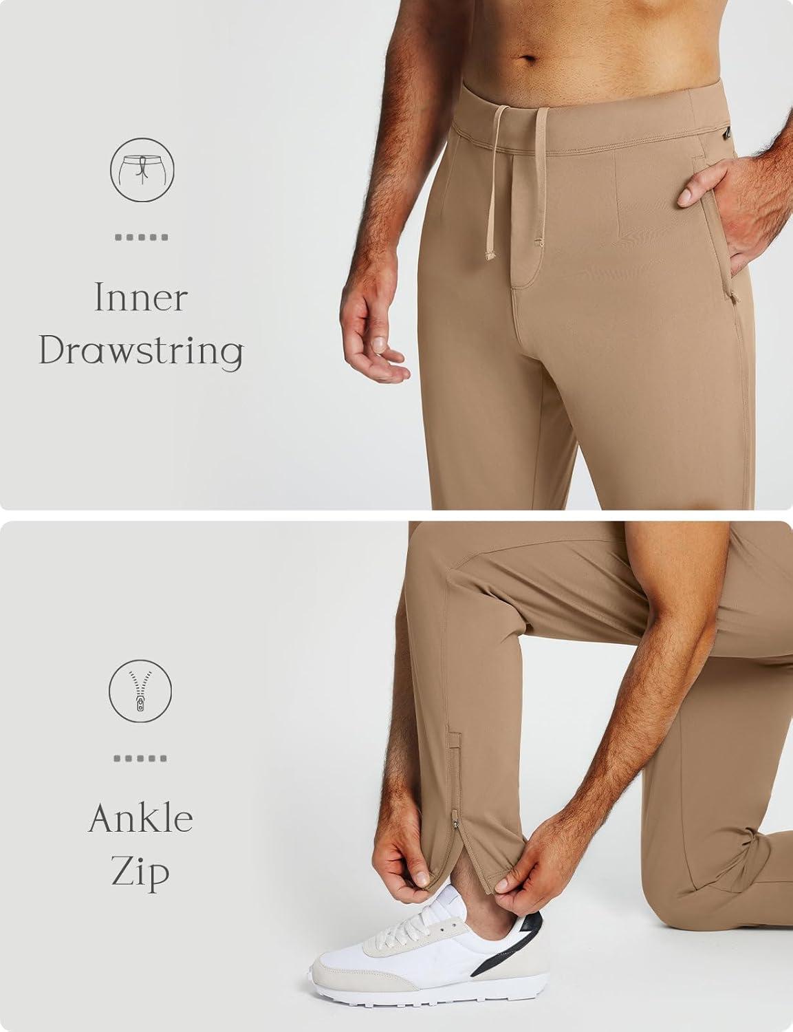 imagebaleaf 30 Mens Golf Joggers Pants Stretch Lightweight Quick Dry Slim Fit Casual Work Dress Sweatpants Zip PocketsBrown