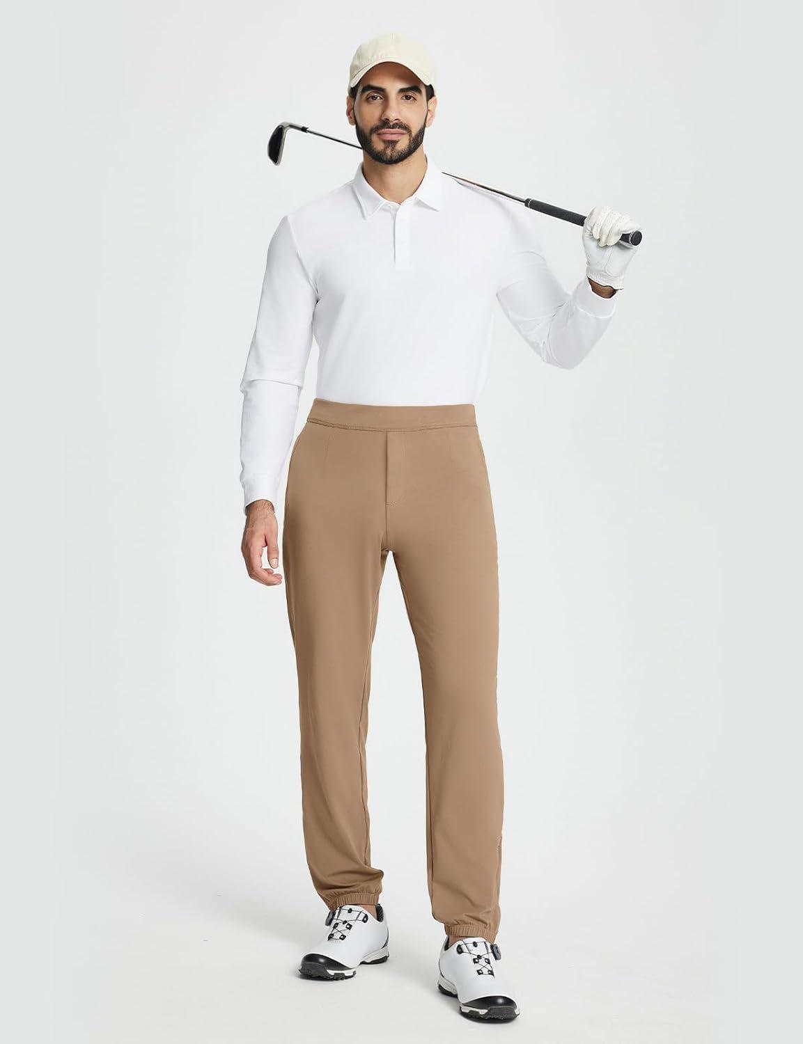 imagebaleaf 30 Mens Golf Joggers Pants Stretch Lightweight Quick Dry Slim Fit Casual Work Dress Sweatpants Zip PocketsBrown