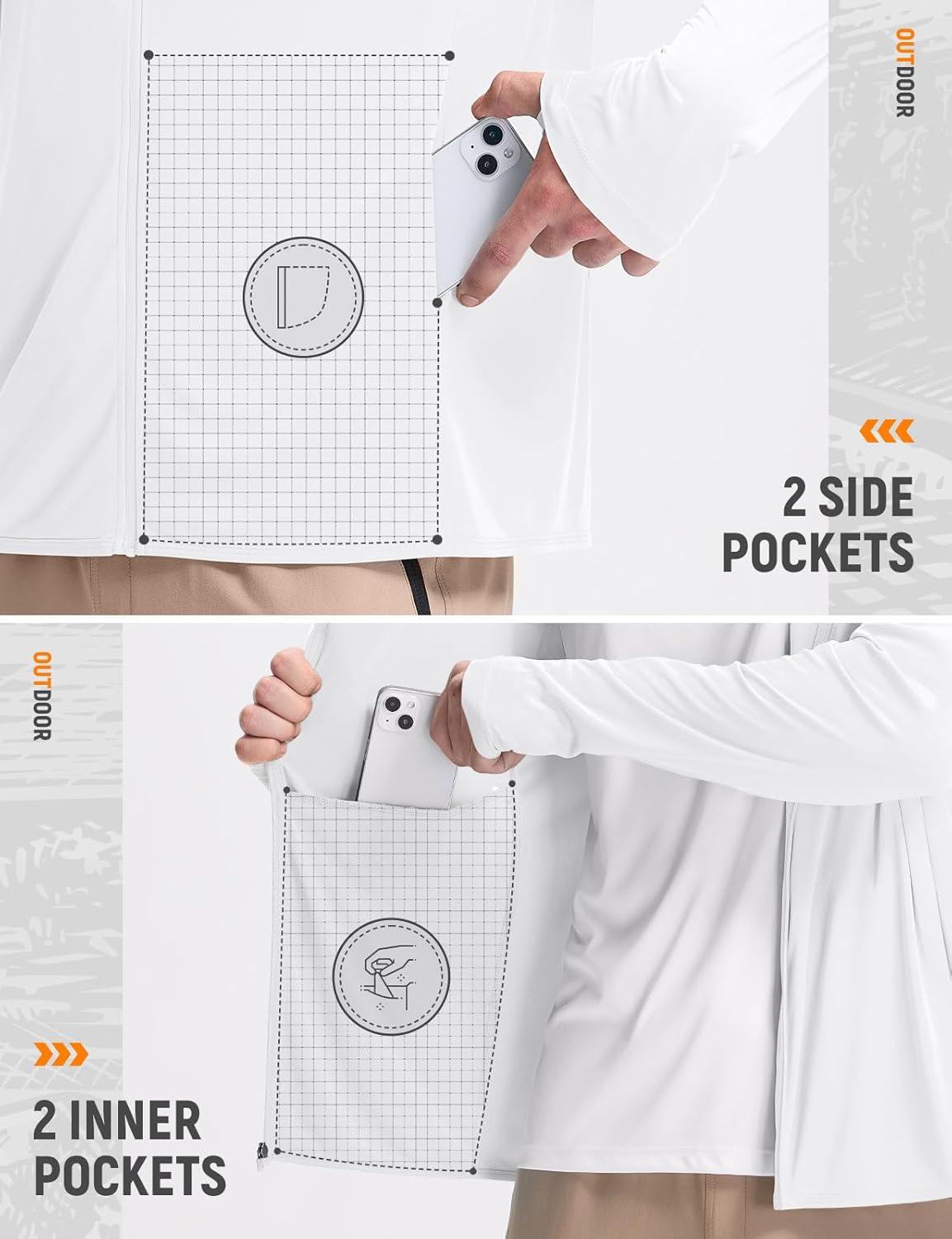 imagebaleaf Mens UPF 50 Full Zip Light Jacket Hooded Long Sleeve Cooling Shirt with Pocket Hiking Fishing Outdoor Performance02white