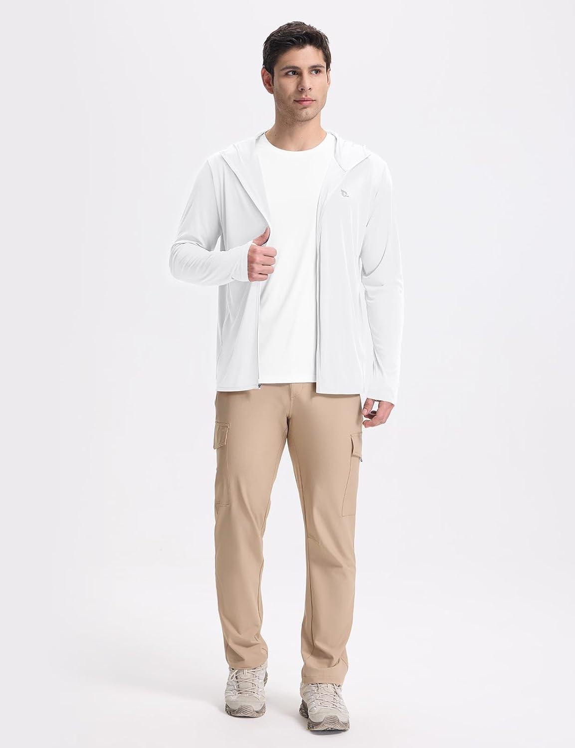 imagebaleaf Mens UPF 50 Full Zip Light Jacket Hooded Long Sleeve Cooling Shirt with Pocket Hiking Fishing Outdoor Performance02white