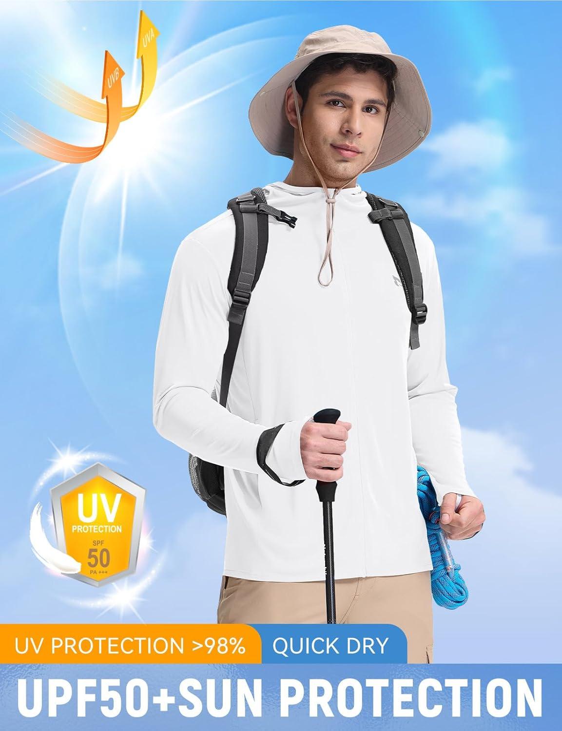 imagebaleaf Mens UPF 50 Full Zip Light Jacket Hooded Long Sleeve Cooling Shirt with Pocket Hiking Fishing Outdoor Performance02white