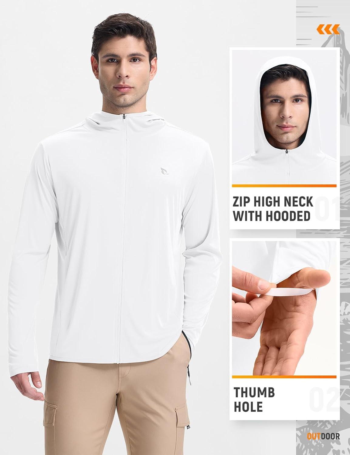 imagebaleaf Mens UPF 50 Full Zip Light Jacket Hooded Long Sleeve Cooling Shirt with Pocket Hiking Fishing Outdoor Performance02white