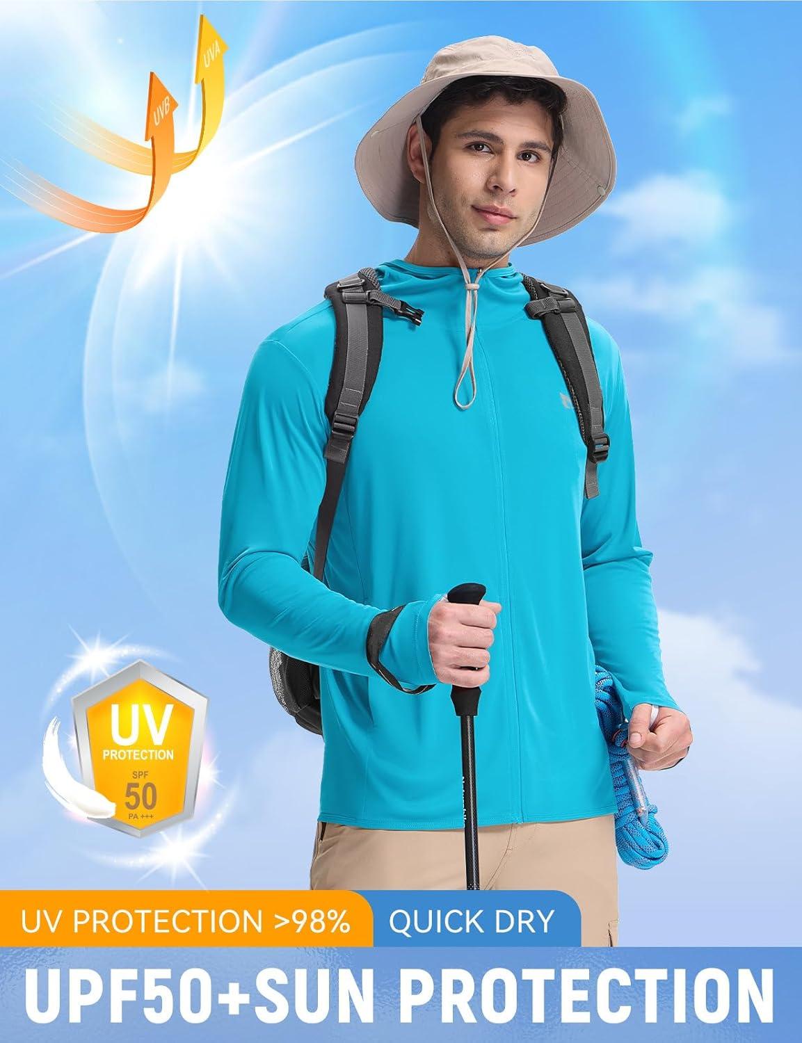 imagebaleaf Mens UPF 50 Full Zip Light Jacket Hooded Long Sleeve Cooling Shirt with Pocket Hiking Fishing Outdoor PerformanceAqua Blue