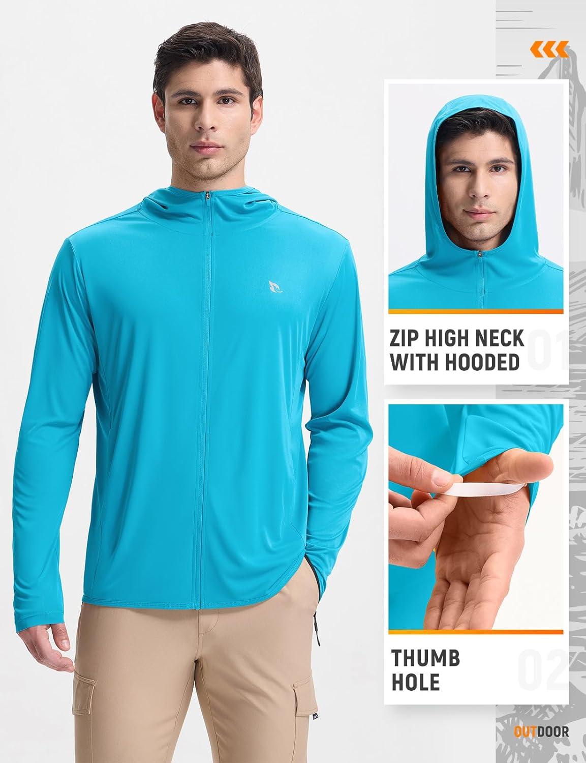 imagebaleaf Mens UPF 50 Full Zip Light Jacket Hooded Long Sleeve Cooling Shirt with Pocket Hiking Fishing Outdoor PerformanceAqua Blue