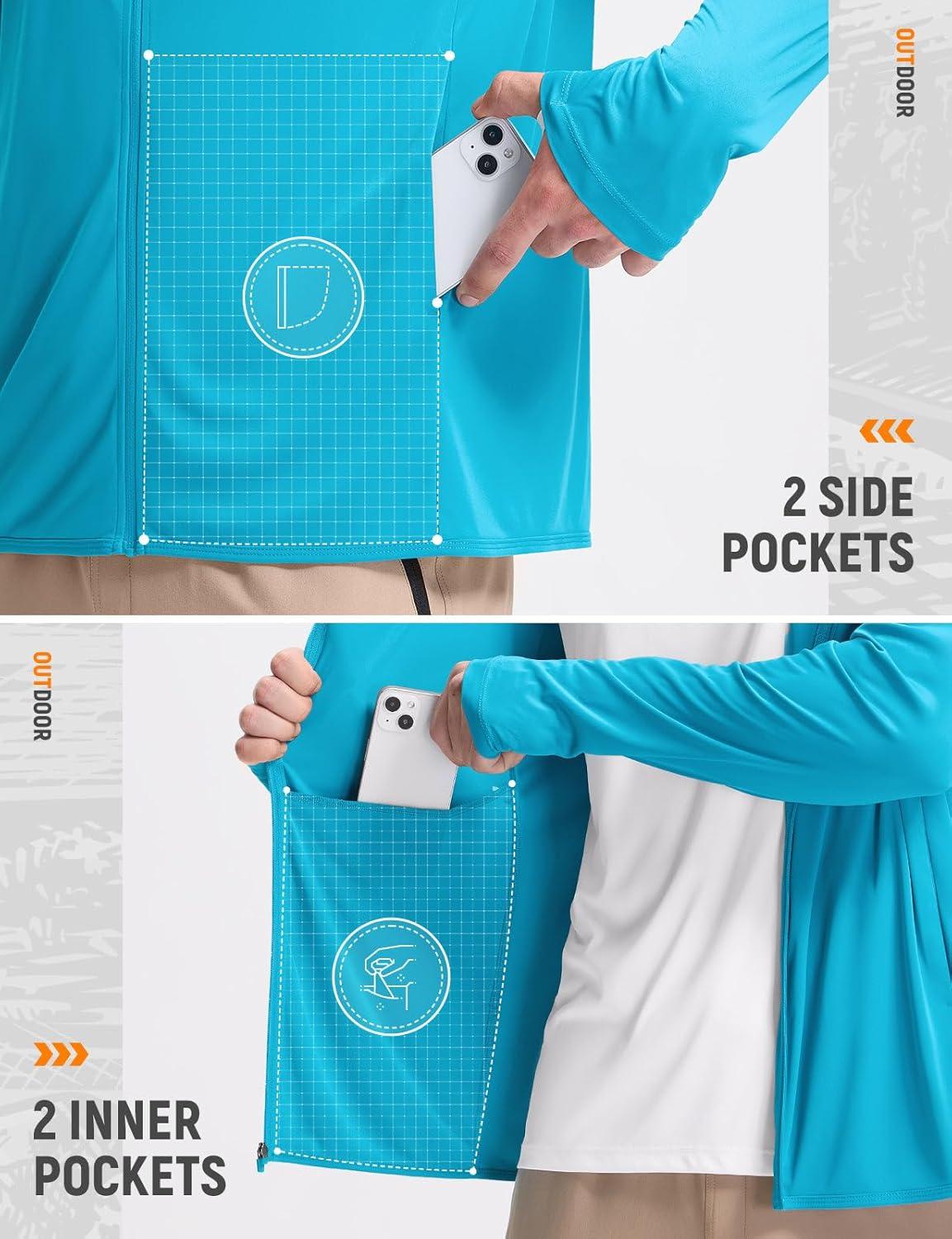 imagebaleaf Mens UPF 50 Full Zip Light Jacket Hooded Long Sleeve Cooling Shirt with Pocket Hiking Fishing Outdoor PerformanceAqua Blue