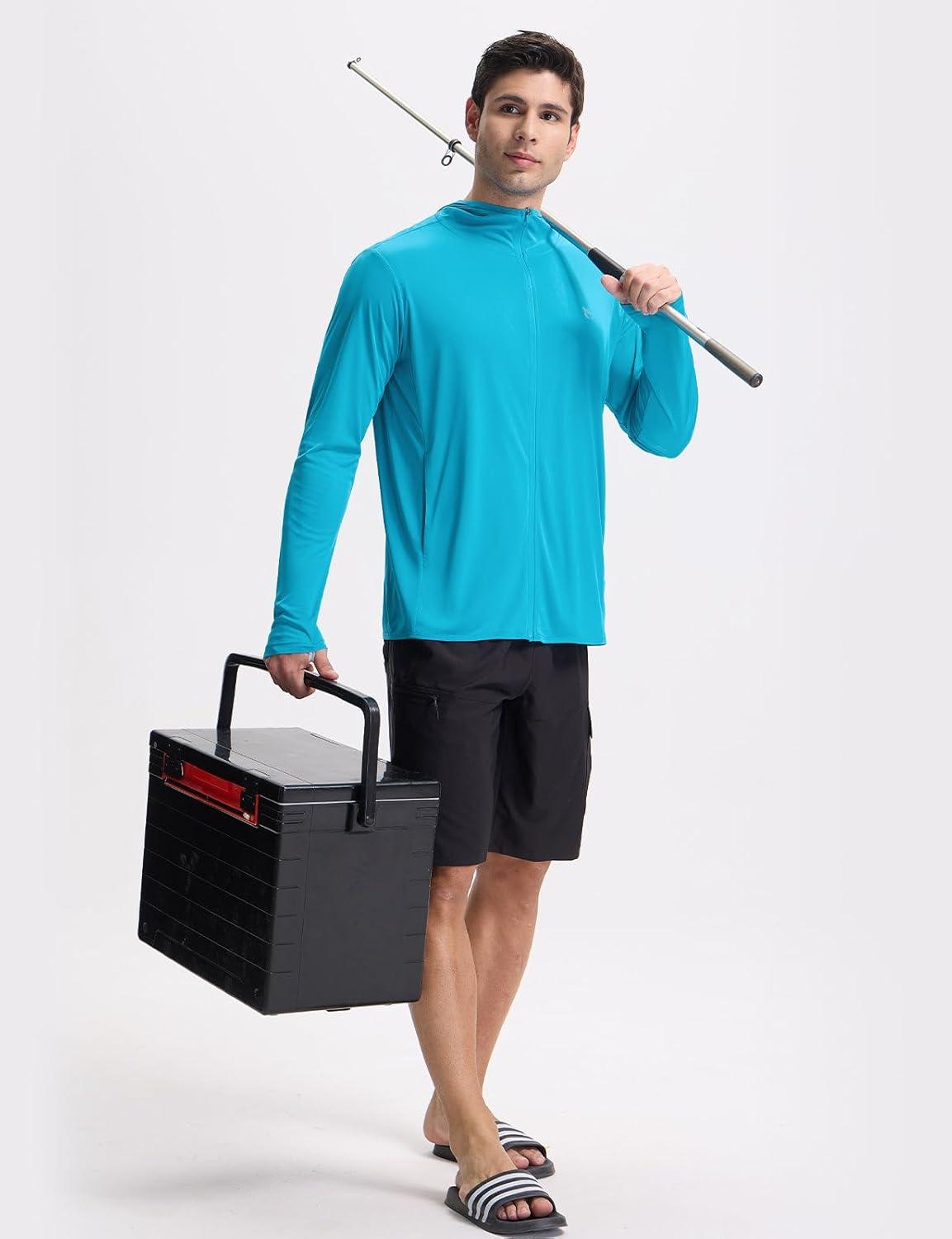 imagebaleaf Mens UPF 50 Full Zip Light Jacket Hooded Long Sleeve Cooling Shirt with Pocket Hiking Fishing Outdoor PerformanceAqua Blue