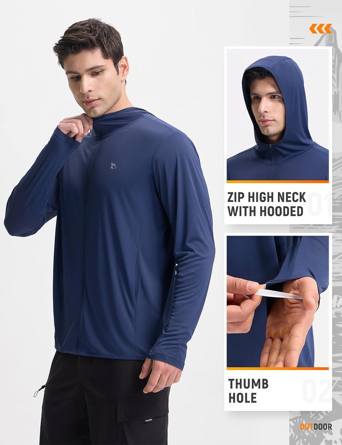 imagebaleaf Mens UPF 50 Full Zip Light Jacket Hooded Long Sleeve Cooling Shirt with Pocket Hiking Fishing Outdoor PerformanceNavy Blue