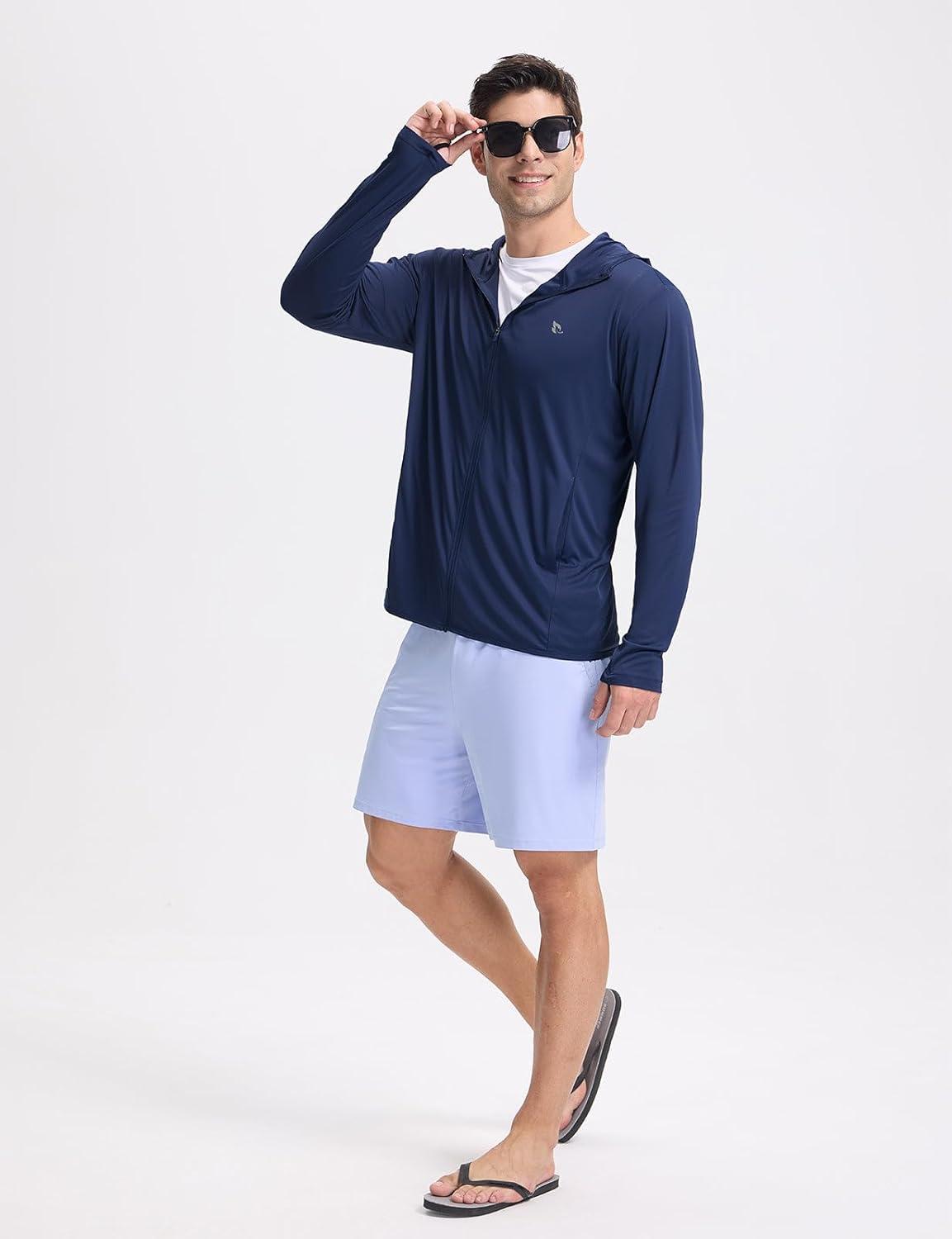 imagebaleaf Mens UPF 50 Full Zip Light Jacket Hooded Long Sleeve Cooling Shirt with Pocket Hiking Fishing Outdoor PerformanceNavy Blue