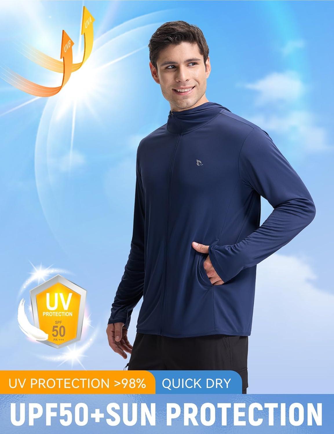 imagebaleaf Mens UPF 50 Full Zip Light Jacket Hooded Long Sleeve Cooling Shirt with Pocket Hiking Fishing Outdoor PerformanceNavy Blue