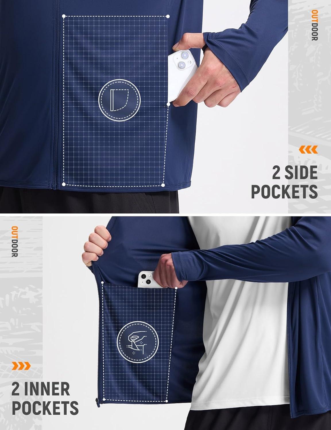 imagebaleaf Mens UPF 50 Full Zip Light Jacket Hooded Long Sleeve Cooling Shirt with Pocket Hiking Fishing Outdoor PerformanceNavy Blue