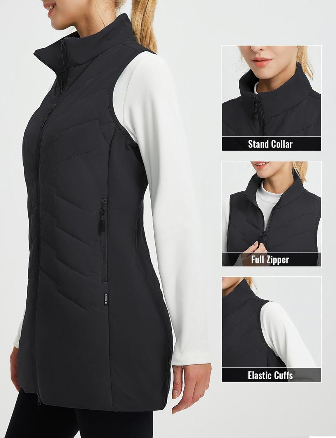 imagebaleaf Running Vest for Women Long Puffer Fall Coat Sleeveless Jacket Outerwear Winter Warm Fleece Hybrid LightweightBlack