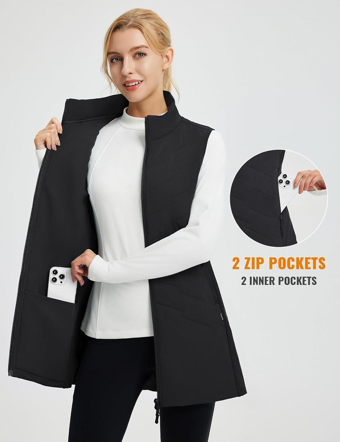 imagebaleaf Running Vest for Women Long Puffer Fall Coat Sleeveless Jacket Outerwear Winter Warm Fleece Hybrid LightweightBlack