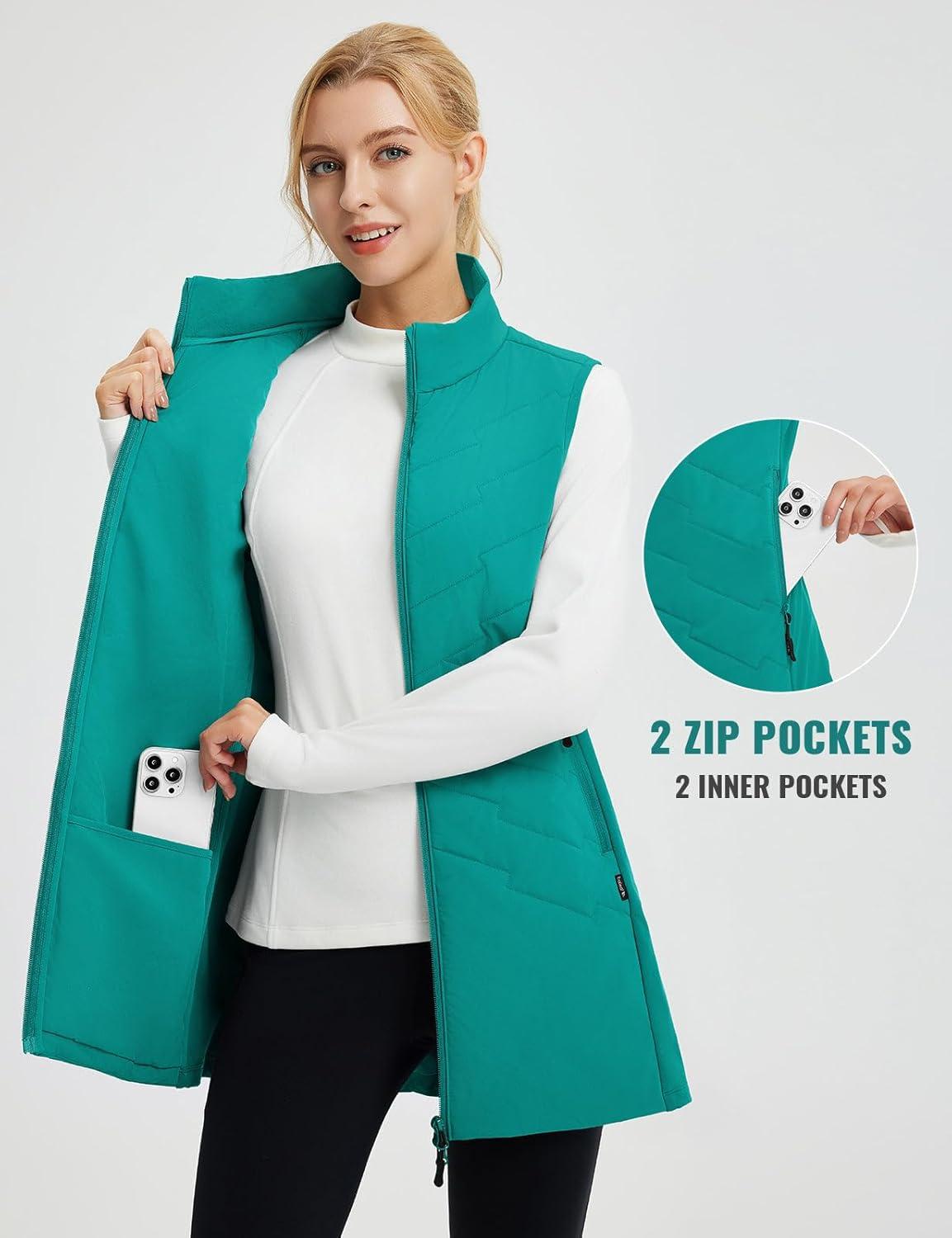 imagebaleaf Running Vest for Women Long Puffer Fall Coat Sleeveless Jacket Outerwear Winter Warm Fleece Hybrid LightweightGreen