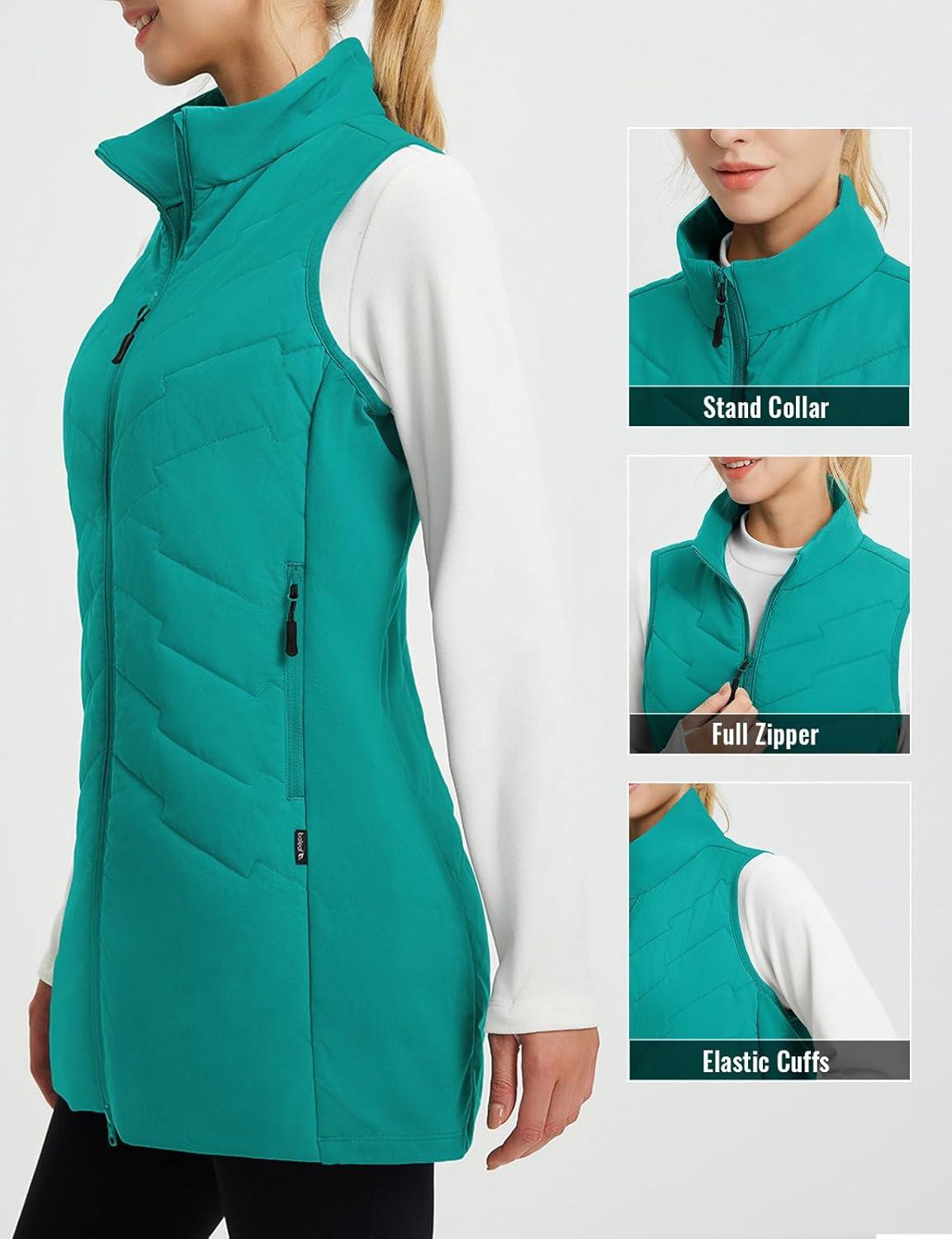imagebaleaf Running Vest for Women Long Puffer Fall Coat Sleeveless Jacket Outerwear Winter Warm Fleece Hybrid LightweightGreen