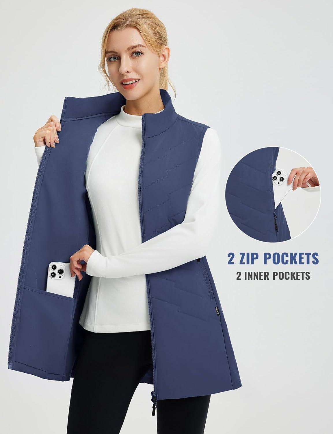 imagebaleaf Running Vest for Women Long Puffer Fall Coat Sleeveless Jacket Outerwear Winter Warm Fleece Hybrid LightweightNavy Blue