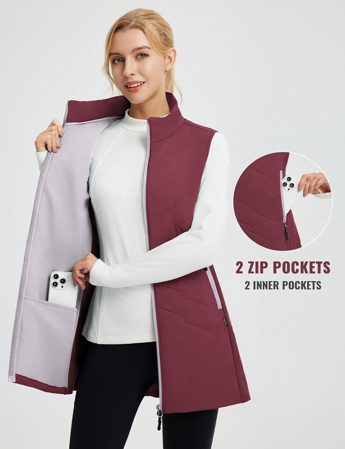 imagebaleaf Running Vest for Women Long Puffer Fall Coat Sleeveless Jacket Outerwear Winter Warm Fleece Hybrid LightweightWine Red