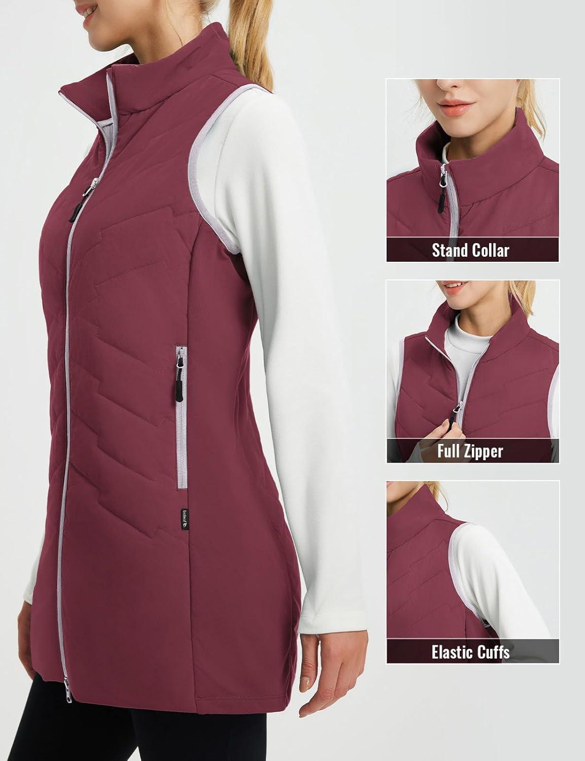 imagebaleaf Running Vest for Women Long Puffer Fall Coat Sleeveless Jacket Outerwear Winter Warm Fleece Hybrid LightweightWine Red