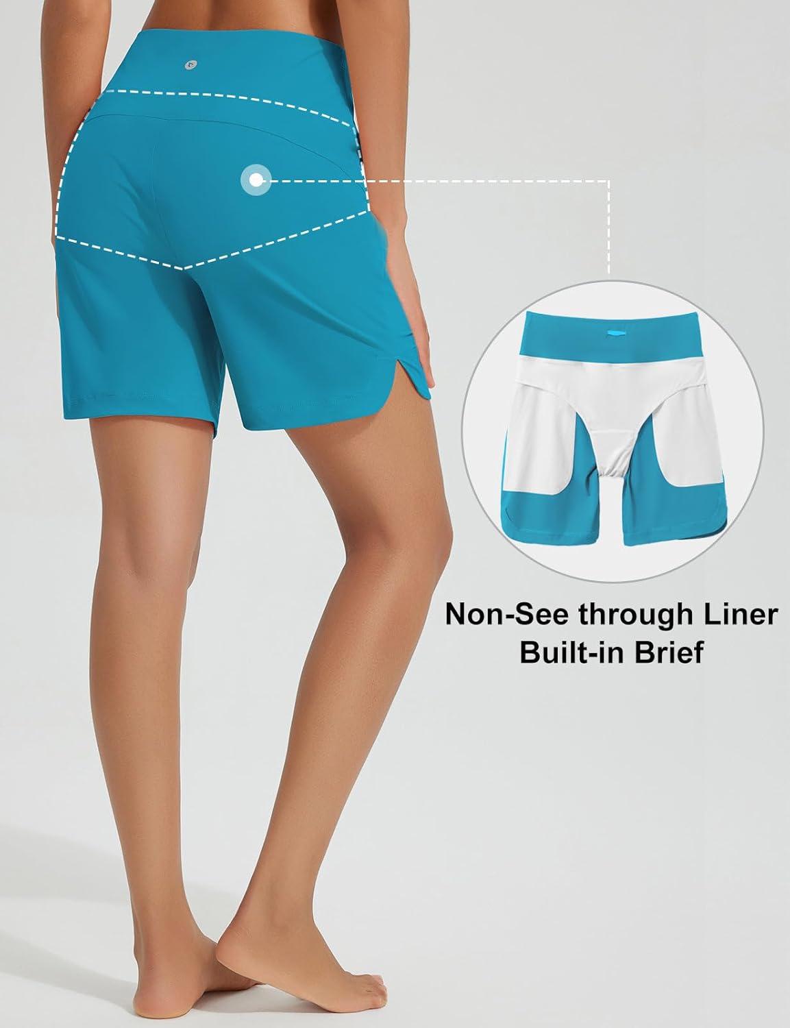 imagebaleaf Womens 3quot5quot7quot9quot High Waisted Swim Board Shorts Quick Dry Swimsuits Bottoms Trunks with PocketsAqua Blue