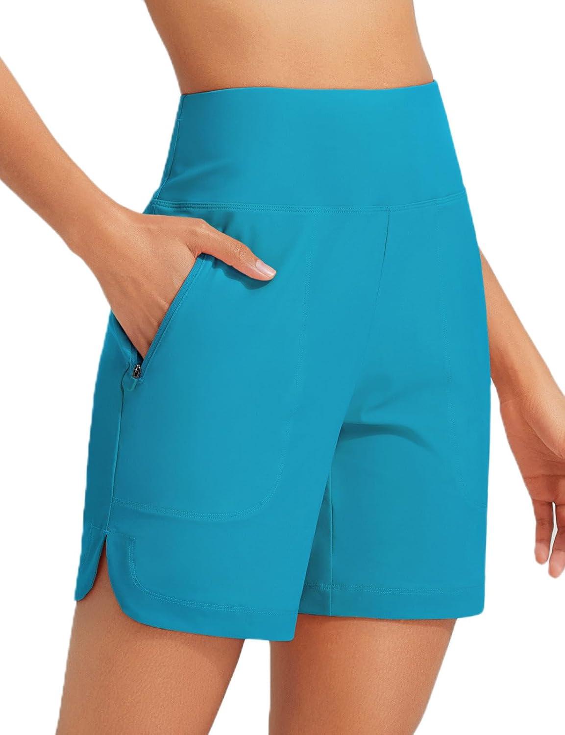 imagebaleaf Womens 3quot5quot7quot9quot High Waisted Swim Board Shorts Quick Dry Swimsuits Bottoms Trunks with PocketsAqua Blue