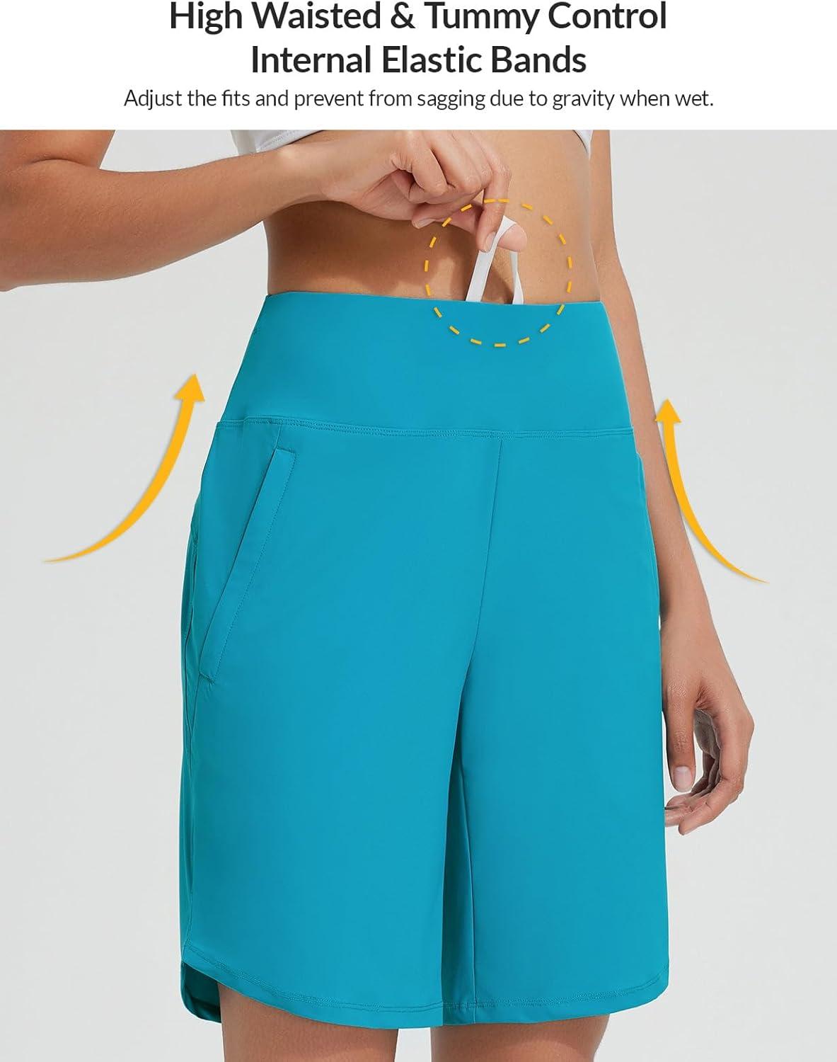 imagebaleaf Womens 3quot5quot7quot9quot High Waisted Swim Board Shorts Quick Dry Swimsuits Bottoms Trunks with PocketsAqua Blue