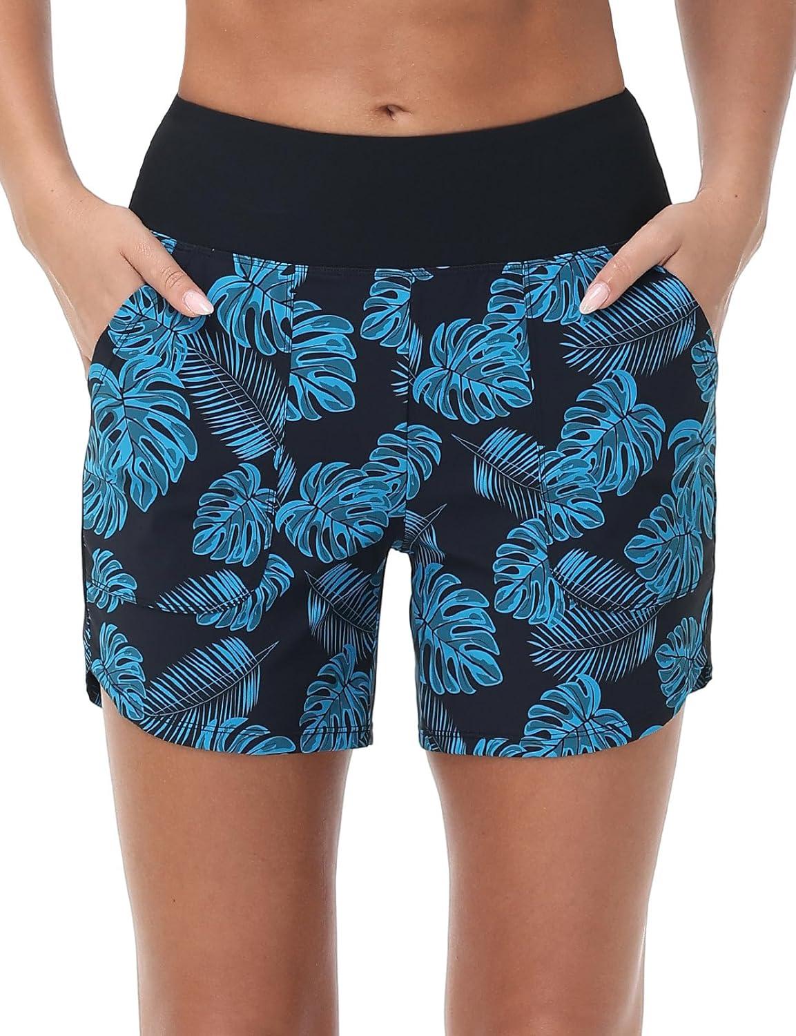 imagebaleaf Womens 3quot5quot7quot9quot High Waisted Swim Board Shorts Quick Dry Swimsuits Bottoms Trunks with PocketsGreen Blue Leaf