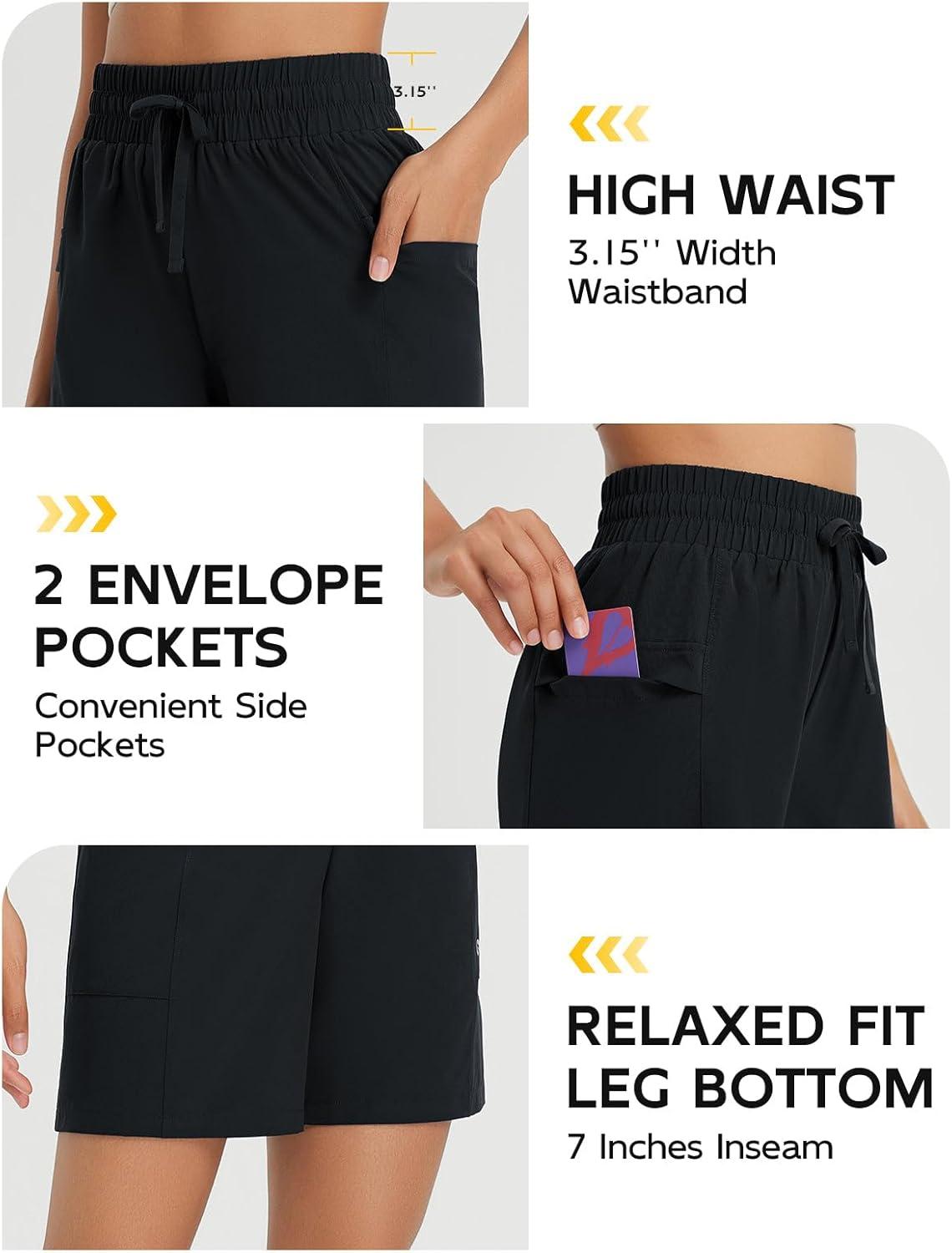 imagebaleaf Womens 7quot Athletic Shorts Quick Dry Running Workout Lightweight High Waisted Long Shorts with PocketsBlack