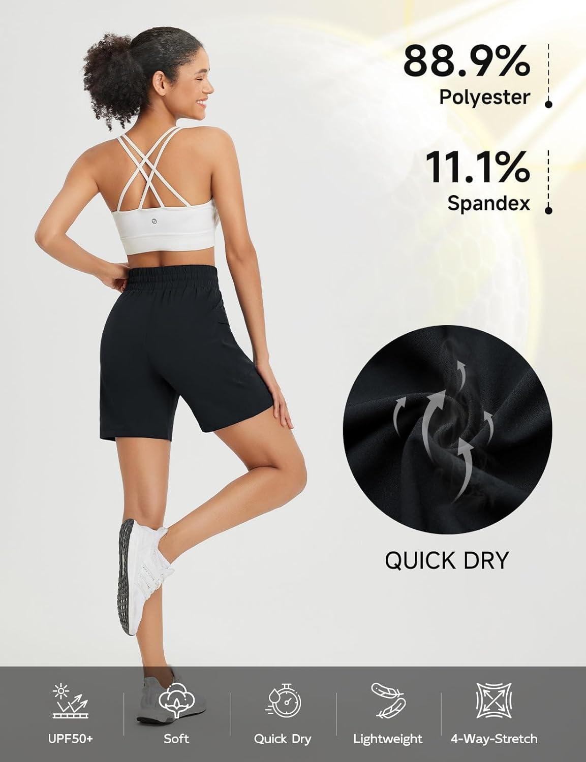 imagebaleaf Womens 7quot Athletic Shorts Quick Dry Running Workout Lightweight High Waisted Long Shorts with PocketsBlack